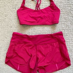Lululemon Pink/Maroon matching bra and shorts, Size 4.